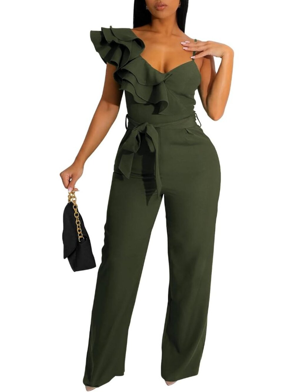 👗 Women's Army Green Ruffle One Shoulder Wide Leg Belted Romper Jumpsuits